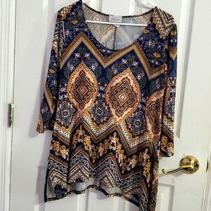 Jon Den Navy & Neutrals Boho Geometric Long Sleeve Stretchy Tunic Top M